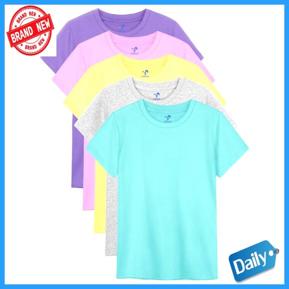 5 Pack Girls Short Sleeve Cotton Tees Regular Fit Summer Tops